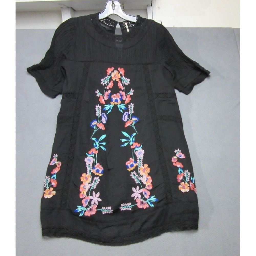 Free People Dress Womens XS Black Floral Mini Perfectly Victorian Embroidered
